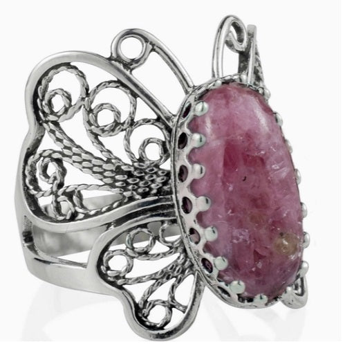 Ring, Filigree Art Rhodonite Gemstone Women Butterfly Sterling Silver Ring