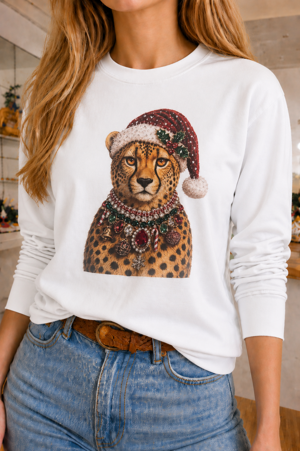 Christmas Hat Leopard on White Cropped Tee & Sweatshirt DS