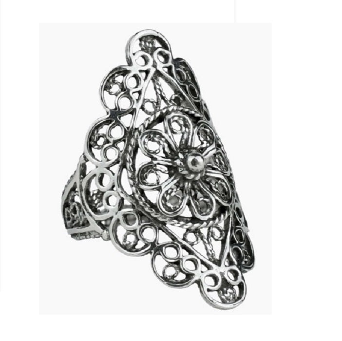 Ring, Filigree Art Lace Embroidery Detailed Long Statement Ring .925 SS