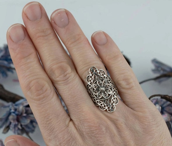 Ring, Filigree Art Lace Embroidery Detailed Long Statement Ring .925 SS