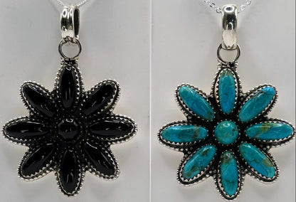 Necklace, Flower in Black Onyx & .925 Sterling Silver