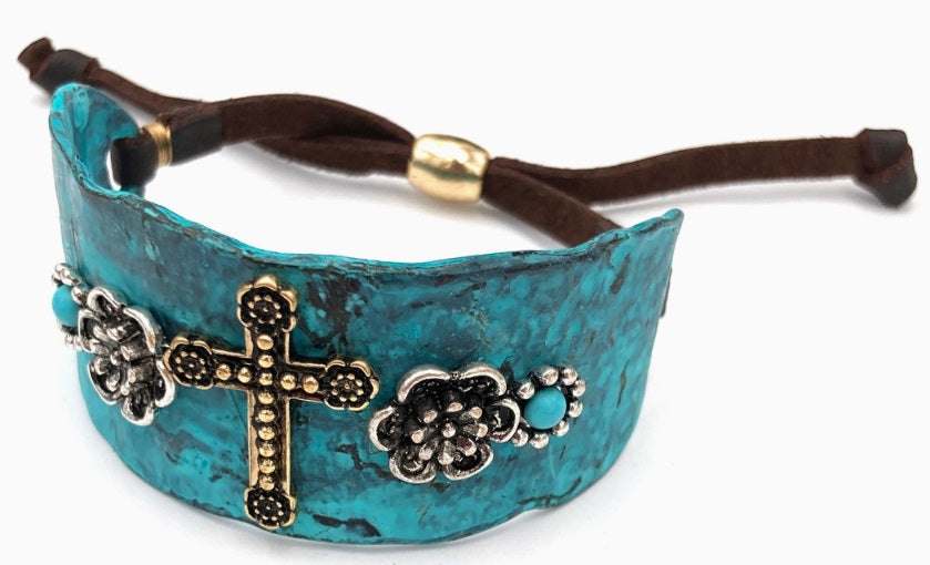 Bracelet, Cross - Flower & Turquoise Bracelet Cuff