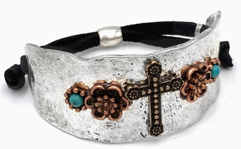 Bracelet, Cross - Flower & Turquoise Bracelet Cuff