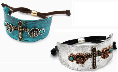 Bracelet, Cross - Flower & Turquoise Bracelet Cuff