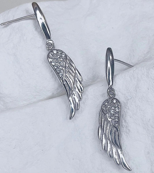 Earrings, Angel Wings with CZ in .925 Sterling Silver