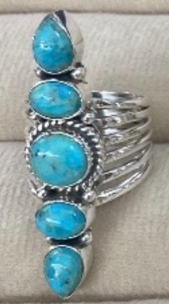 Ring, 5 Natural Stone Stack Statement .925 SS Ring (Kingman Turquoise)