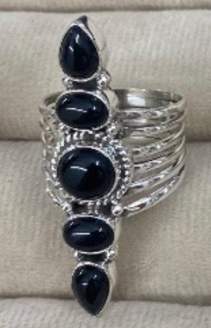 Ring, 5 Natural Stone Stack Statement .925 SS Ring (Black Onyx)