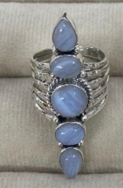 Ring, 5 Natural Stone Stack Statement .925 SS Ring (Blue Crazy Lace Agate)