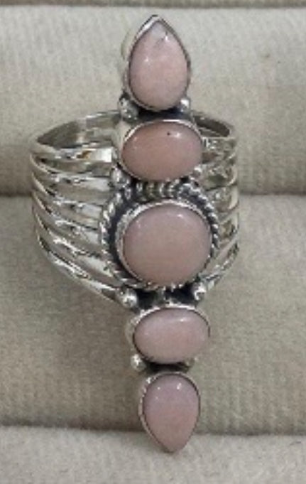 Ring, 5 Natural Stone Stack Statement .925 SS Ring (Pink Opal)