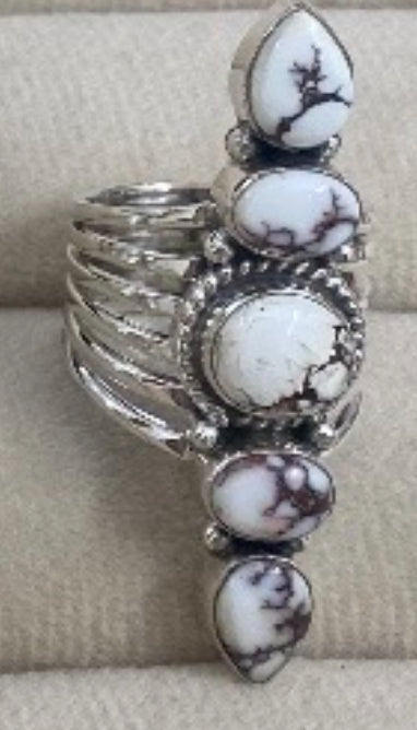 Ring, 5 Natural Stone Stack Statement .925 SS Ring (Wild Horse Jasper)