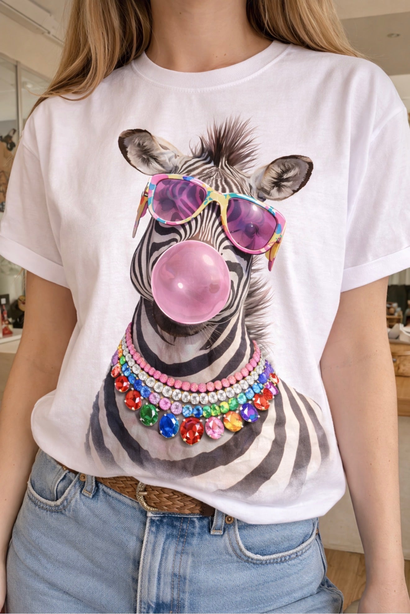 Jeweled Collar Funky Zebra on White Crew DS
