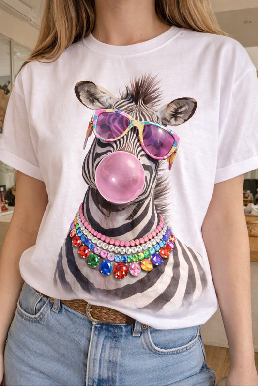 Jeweled Collar Funky Zebra on White Crew DS