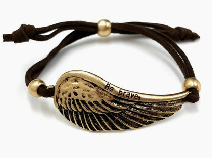 Bracelet, Angel Wing "Be Brave" Inscription Suede Pull Bracelet