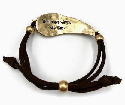 Bracelet, Angel Wing "Be Brave" Inscription Suede Pull Bracelet