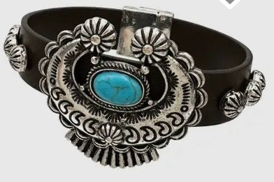 Bracelet, Leather Squash Blossom with Turquoise Stud Wrap Bracelet