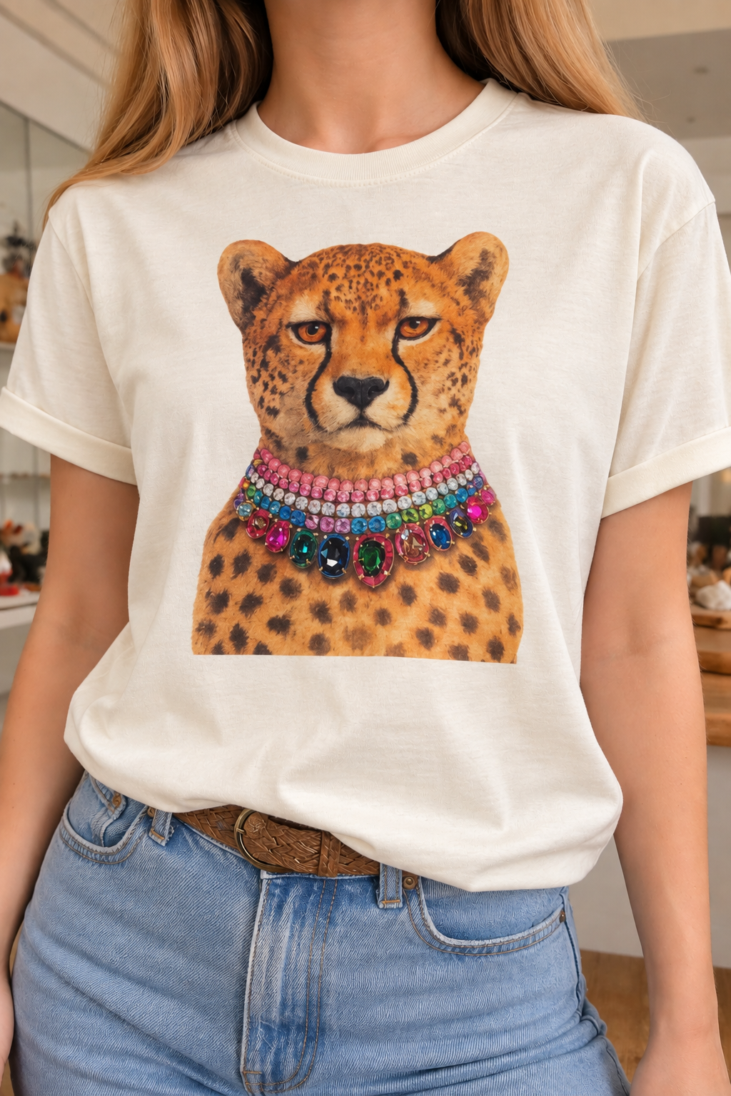 Jeweled Collar Leopard on Natural Crew DS