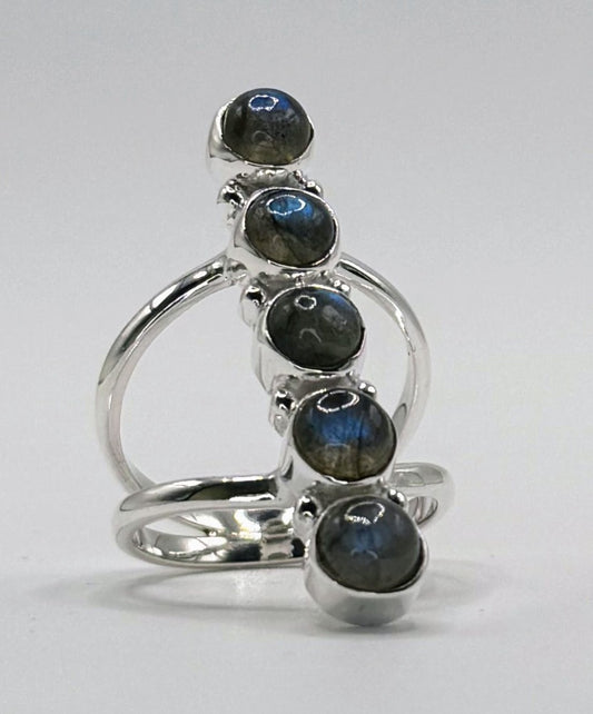 Rings, Natural Stone .925 SS 5 Stone Statement Ring (Labradorite)