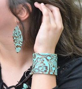 Bracelet, Leather Cuff with Adjustable Tie in Cowboy Turquoise