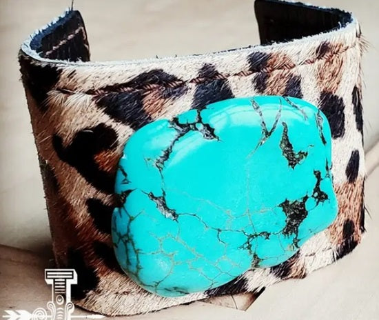 Bracelet, Leather Cuff with Leather Tie-Leopard Hide and Turquoise Slab