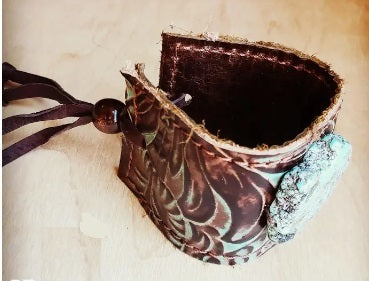 Bracelet, Leather Cuff with Tie-Turquoise Brown Floral