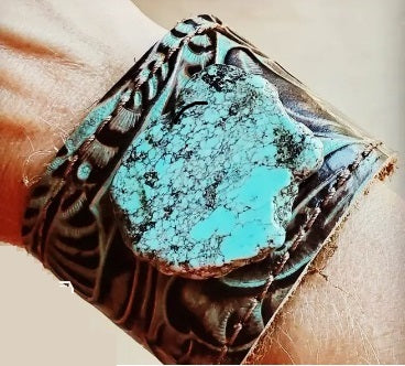 Bracelet, Leather Cuff with Tie-Turquoise Brown Floral