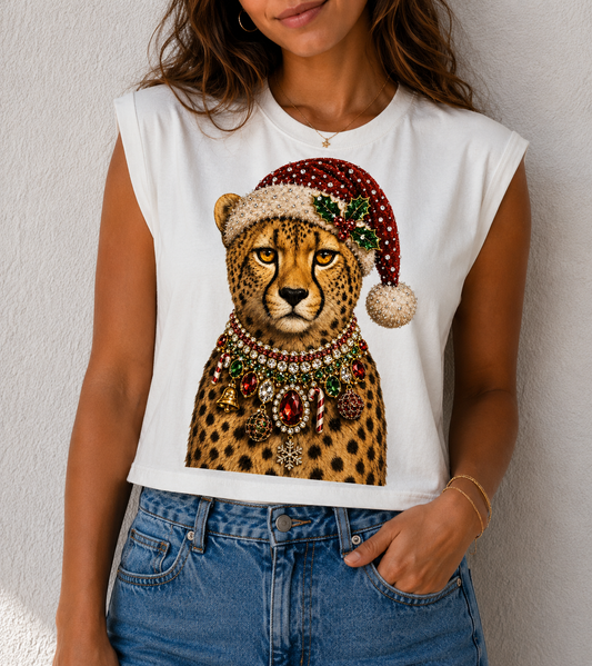 Christmas Hat Leopard on White Cropped Tee & Sweatshirt DS