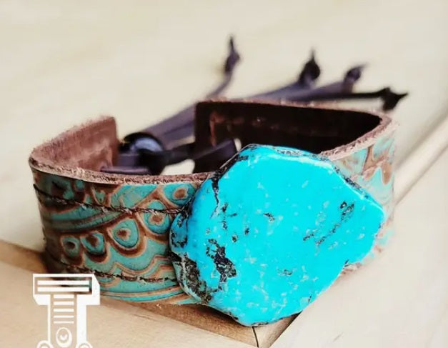 Bracelet, Leather Cuff with Turquoise Slab - Napolis Turquoise
