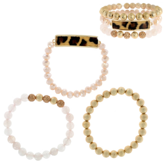 Bracelet, 3-Piece Leopard Light Pink Assorted Bohemian Beaded Bracelet