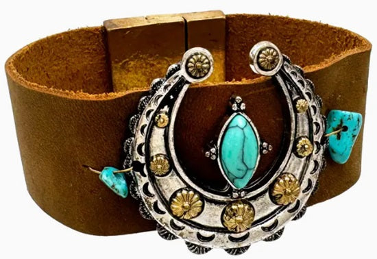 Bracelet, Leather PU Turquoise Stone Squash Blossom Wrap Bracelet