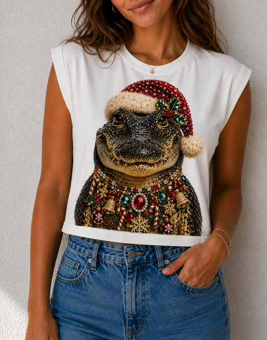 Christmas Alligator on Cropped White Tank and Crew DS