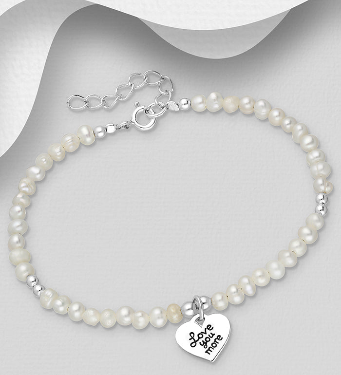 Bracelet, Pearl (fresh water) with heart charm "Love you more"