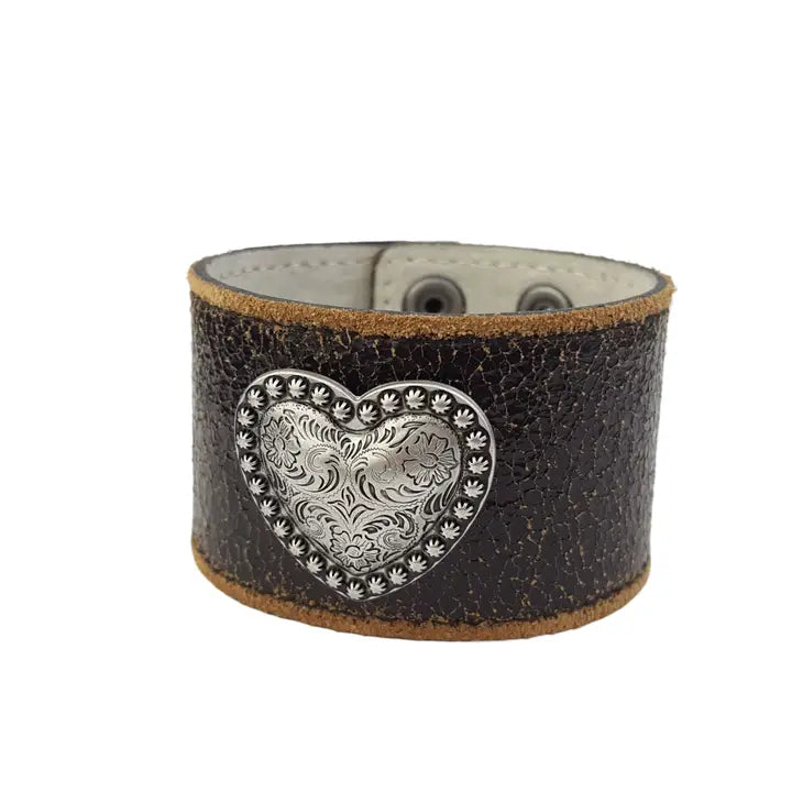 Bracelet, Leather. Silver Heart Concho. Vintage Distressed Band