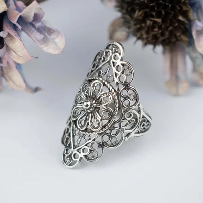 Ring, Filigree Art Lace Embroidery Detailed Long Statement Ring .925 SS