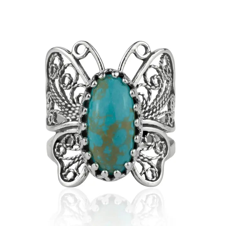 Ring, Filigree Art Turquoise Gemstone Women Butterfly Sterling Silver Ring