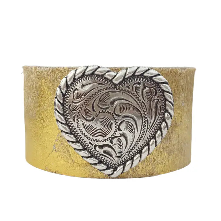 Bracelet, Leather. Silver Heart Concho. Gold Cow Print Wrap