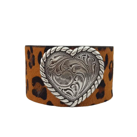 Bracelet, Leather. Silver Heart Concho. Brown Leopard Print Wrap.