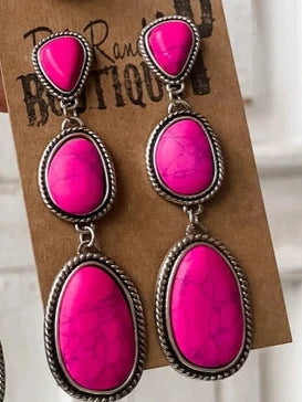 Earrings, Western Metal Pink Stone Drop Earrings 3 Tier